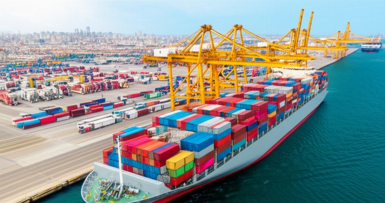 Vista aerea iperrealistica di una nave cargo che trasporta container, simboleggiando i traslochi internazionali.