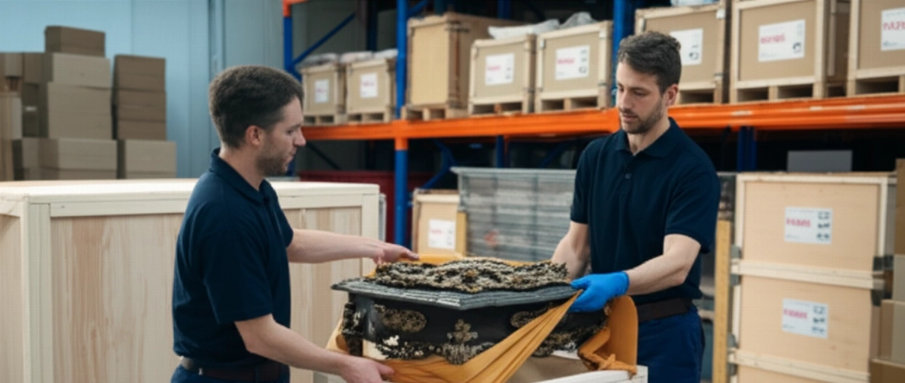 Traslocatori professionisti caucasici che imballano con cura oggetti fragili in un magazzino logistico internazionale.