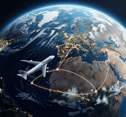 Mappamondo con un aereo che indica una rotta internazionale